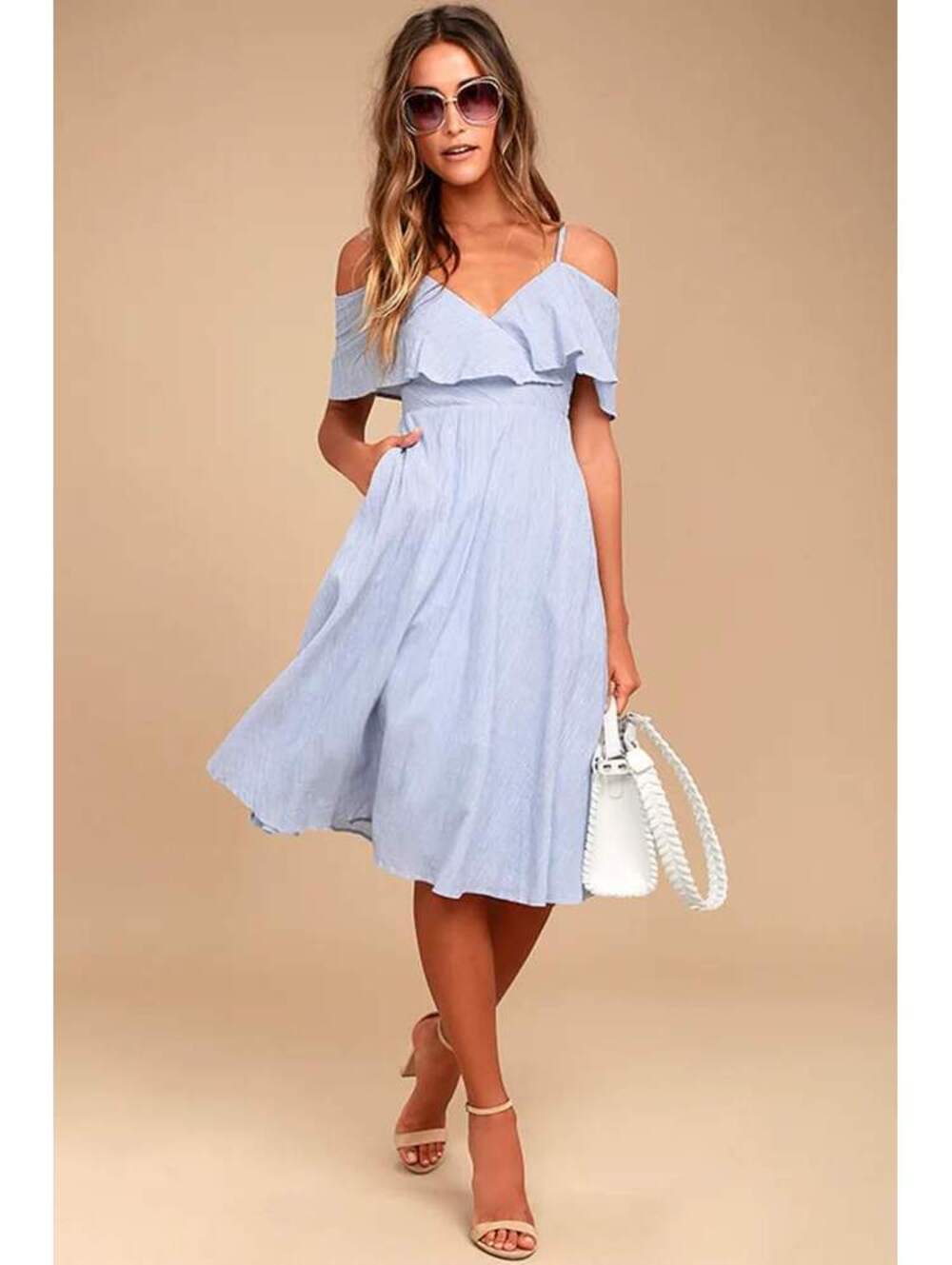 Lulus Yacht Rock Blue and White Striped Off-the-Shoulder Midi Dress